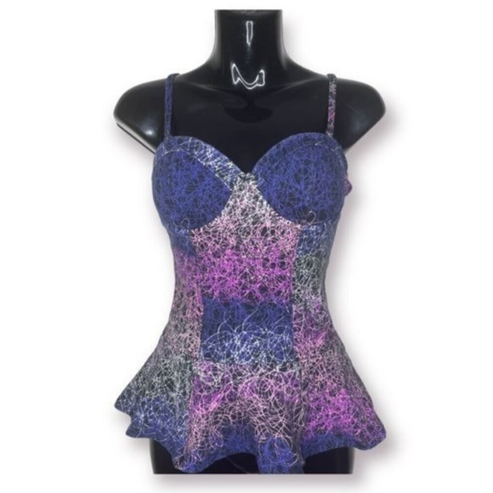 Nikki Minaj Juniors Size S Pink Purple Art to Wear Peplum Sleeveless Bustier Top